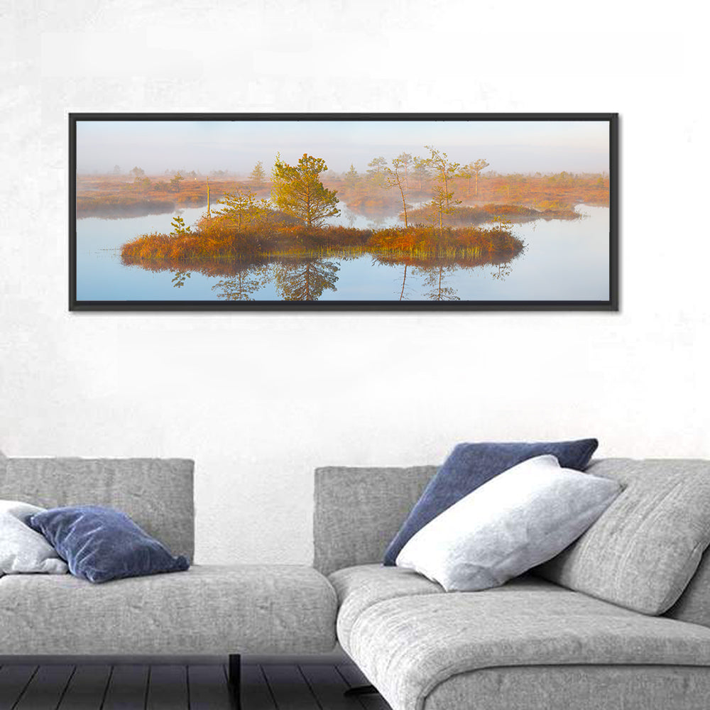 Yelnya Swamp Reflection Wall Art in a room, panoramic