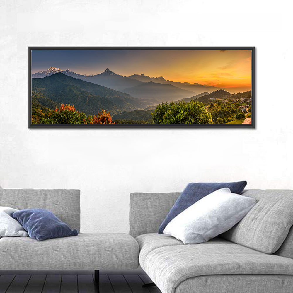 Annapurna Sunrise Over Pokhara Wall Art in a room, panoramic