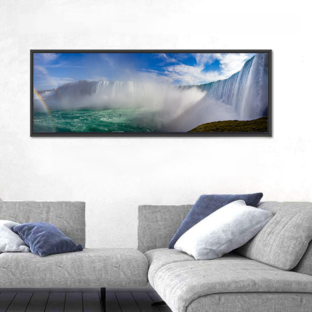 Horseshoe Falls Rainbow View Wall Art in a room, panoramic