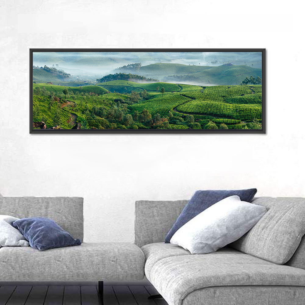 Kerala Tea Fields Wall Art in a room, panoramic