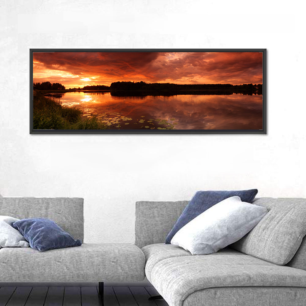 Sunset Lake Reflection Wall Art in a room, panoramic