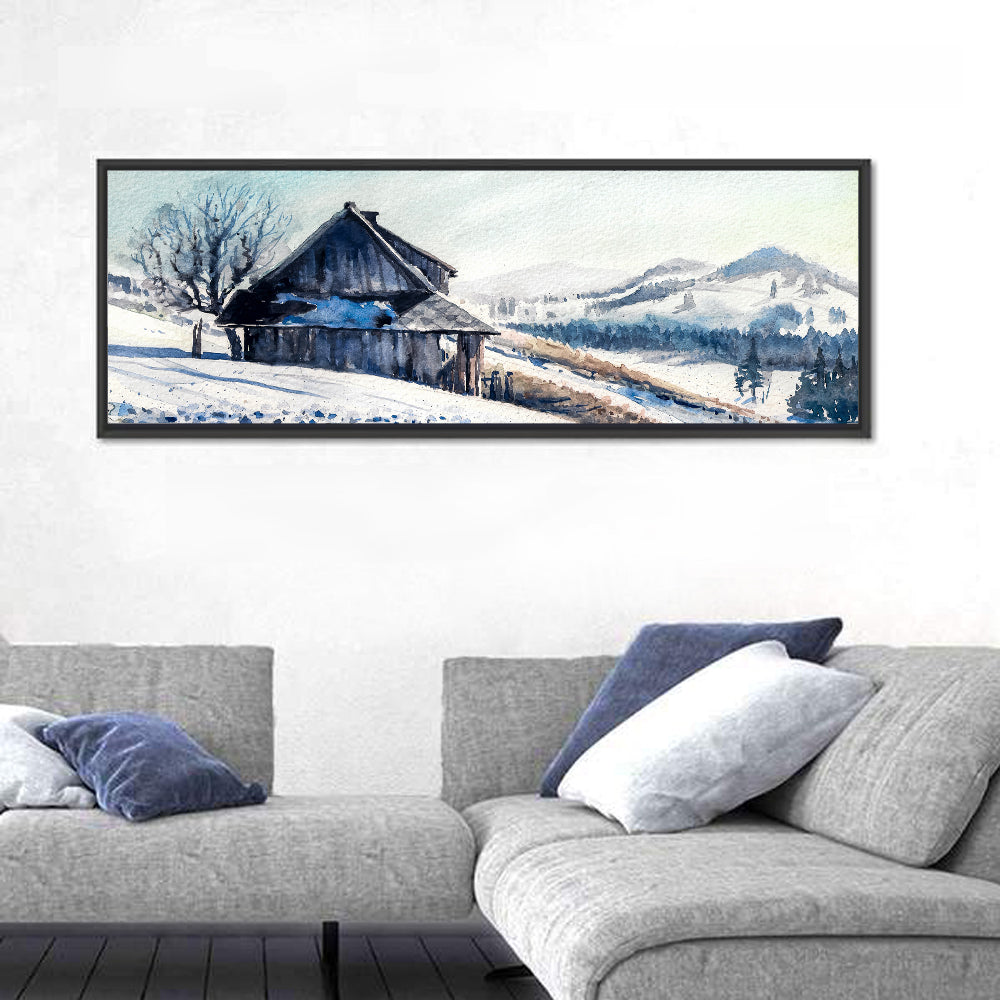 Snowy Mountain Cabin Wall Art in a room, panoramic