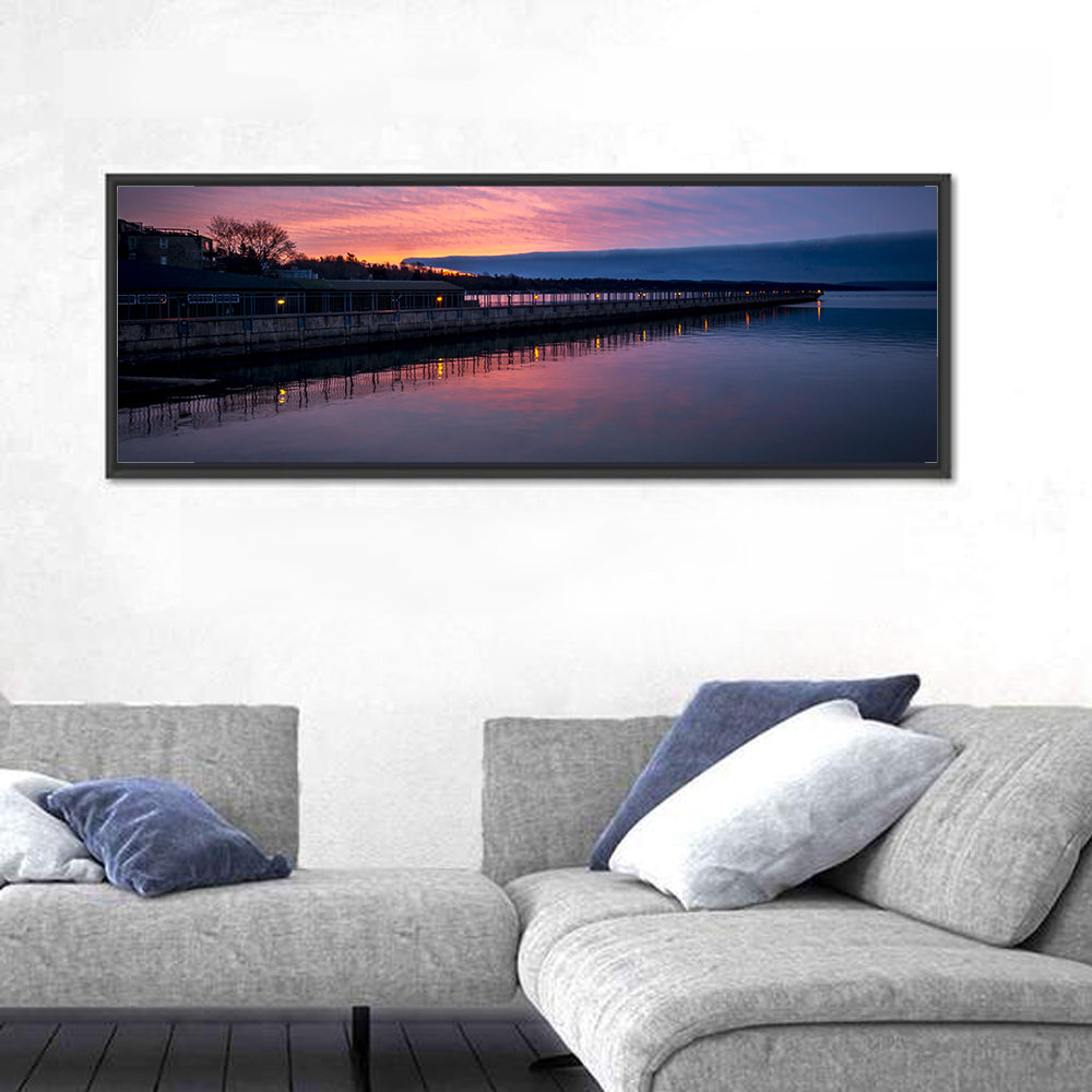 Skaneateles Lake Pier at Dusk Wall Art in a room, panoramic
