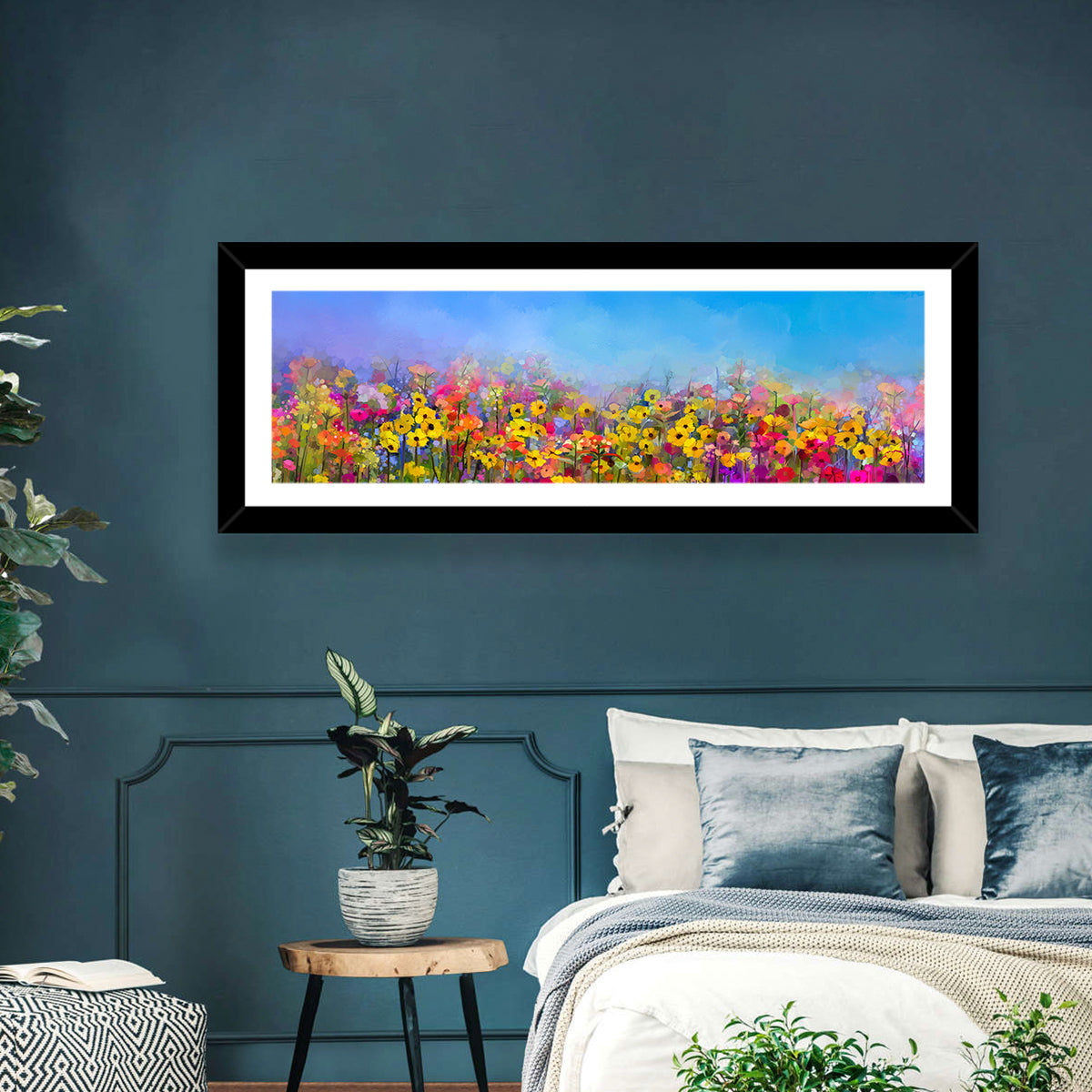Cornflower and Daisy Meadow Wall Art in a room, panoramic