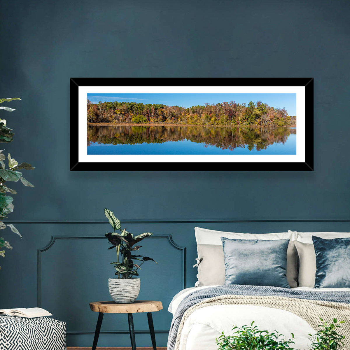 Petit Jean Lake Reflection Wall Art in a room, panoramic