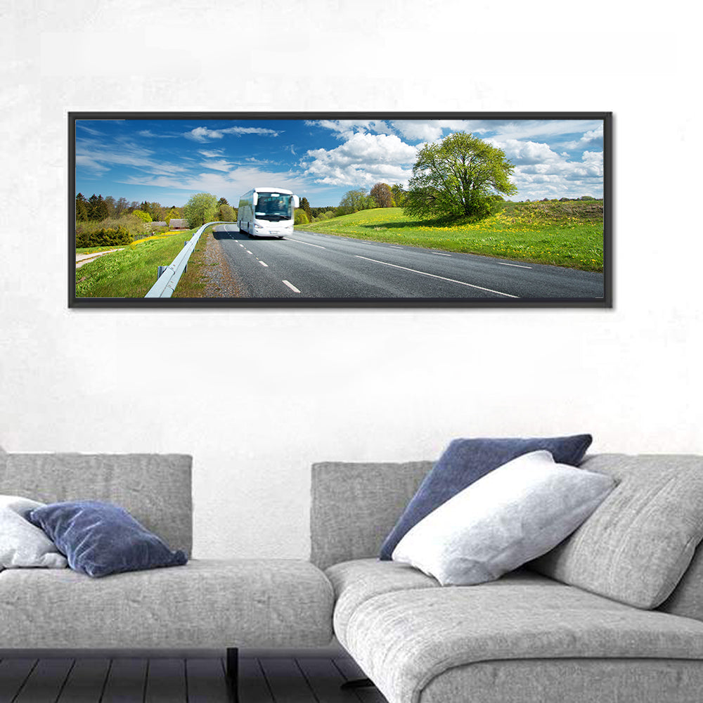 White Bus on Meadow Road Wall Art in a room, panoramic