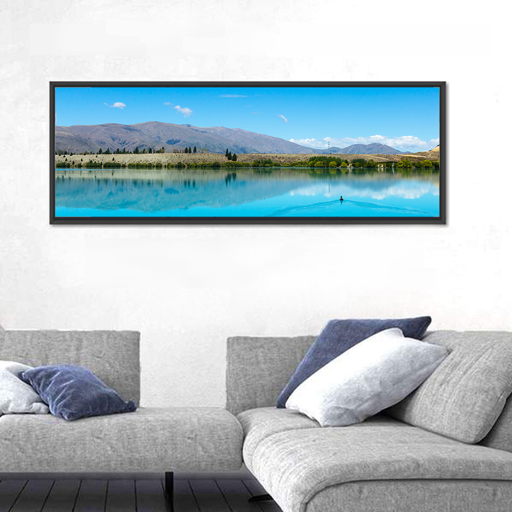 Lake Ruataniwha Reflection Wall Art in a room, panoramic