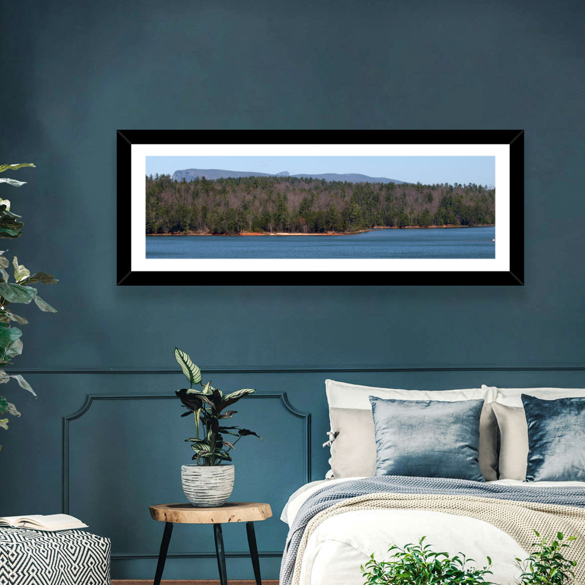 Lake James Shoreline Wall Art in a room, panoramic