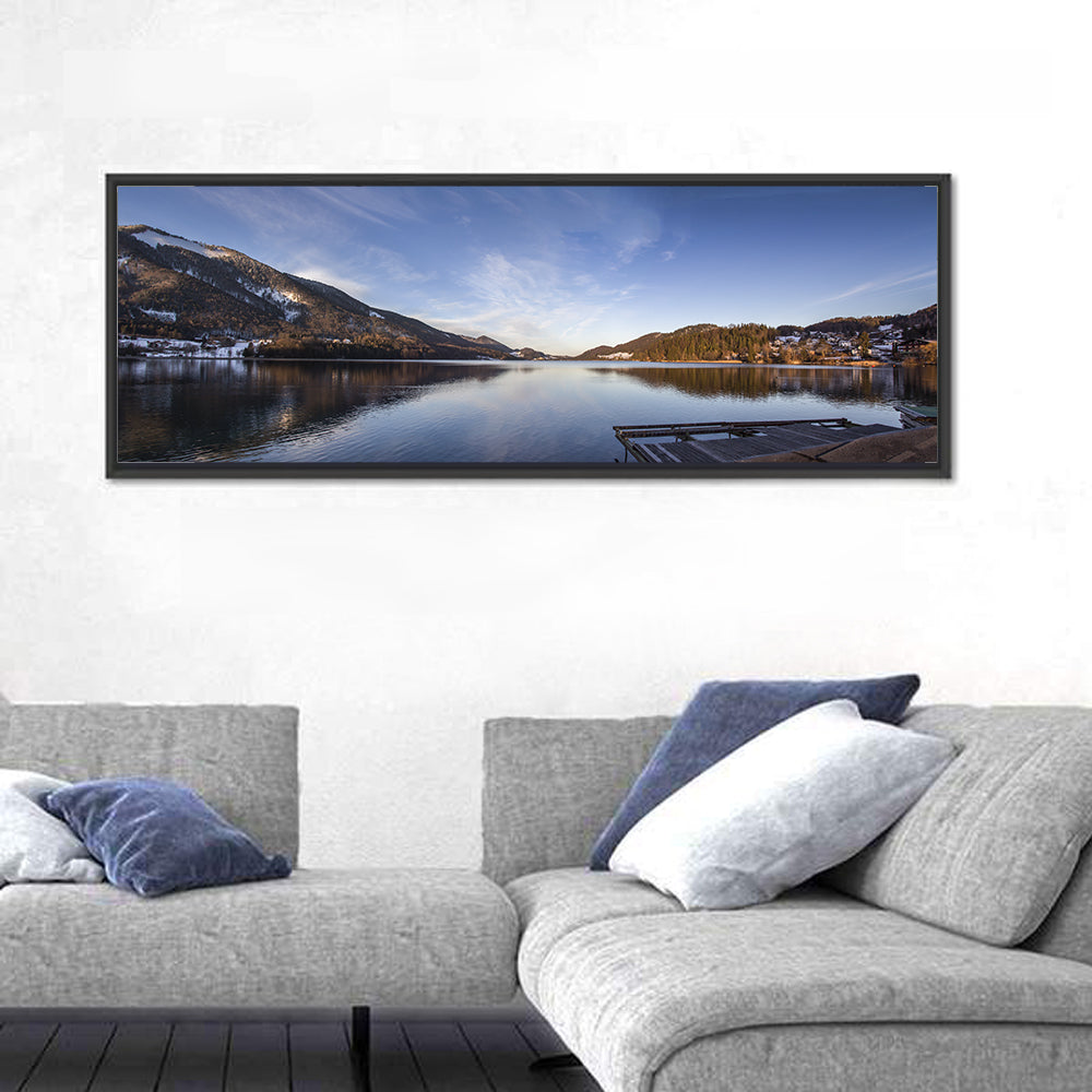 Fuschlsee Dock at Golden Hour Wall Art in a room, panoramic