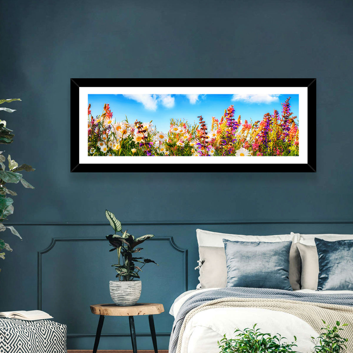 Spring Meadow Wildflowers Wall Art in a room, panoramic