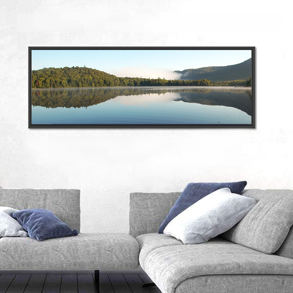 Lake Monroe Morning Reflection Wall Art in a room, panoramic