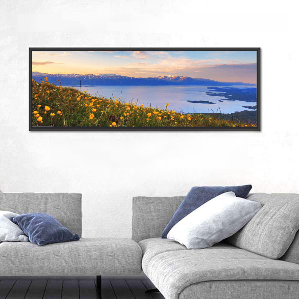 Abisko National Park Sunrise Wall Art in a room, panoramic