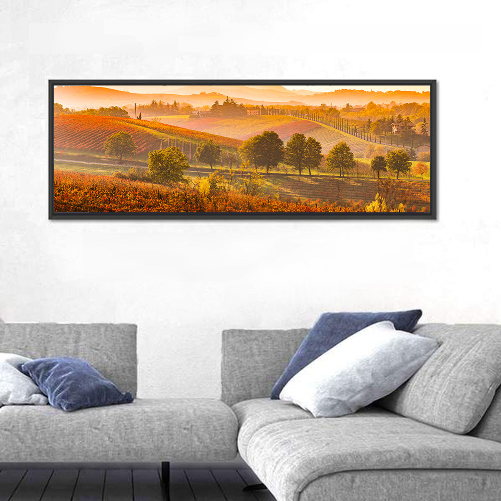 Golden Hour Vineyard Hills Wall Art in a room, panoramic