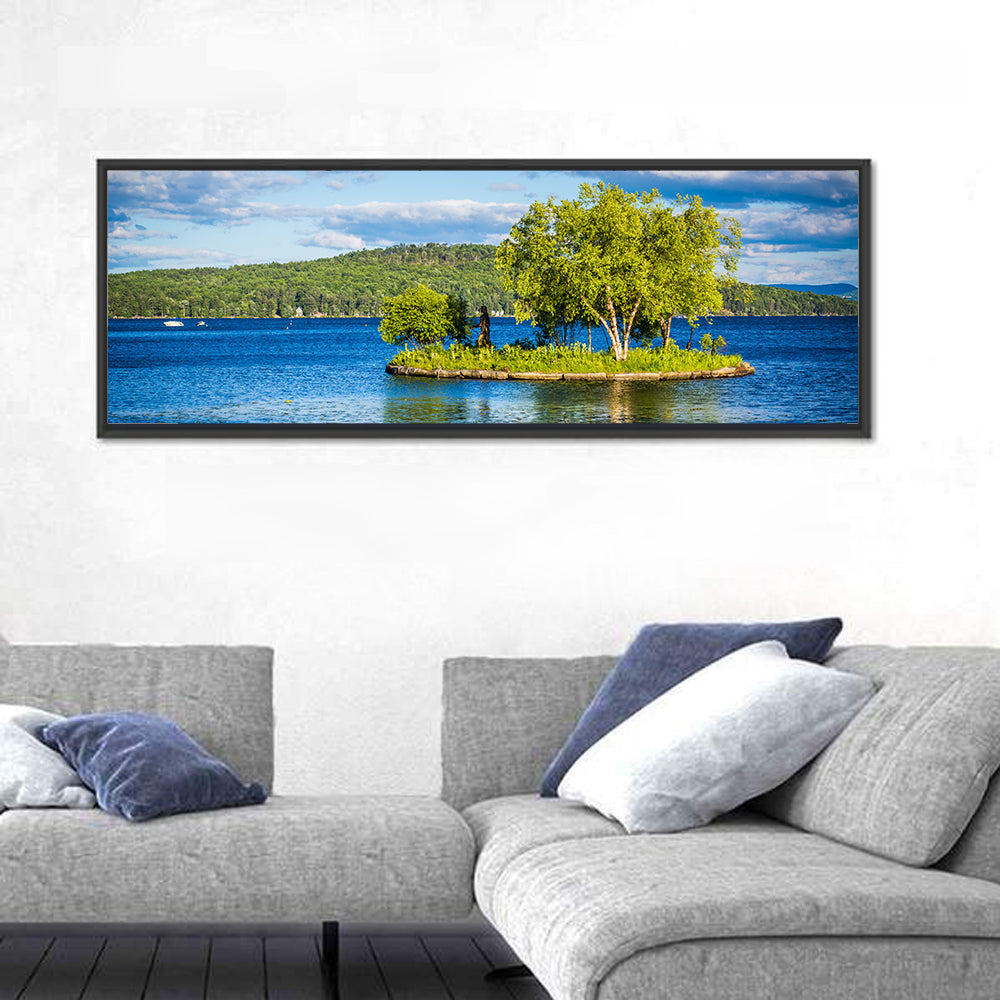 Lake Winnipesaukee Landscape Wall Art in a room, panoramic