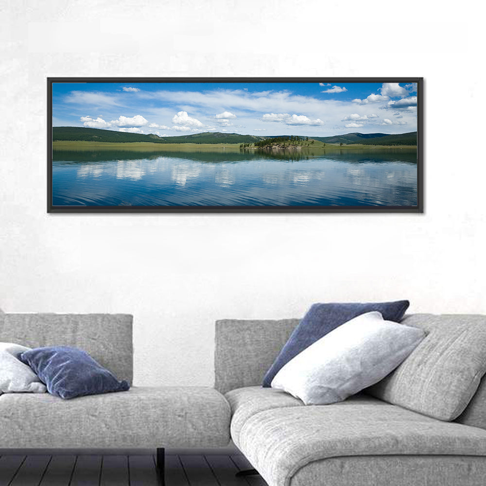 Lake Khovsgol Reflection Wall Art in a room, panoramic