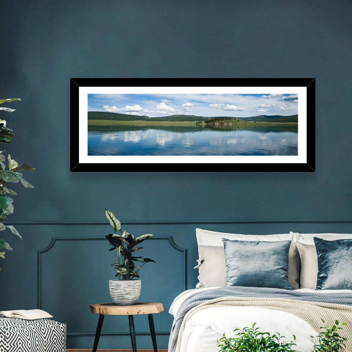 Lake Khovsgol Reflection Wall Art in a room, panoramic