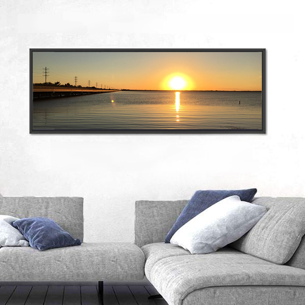 Lake Ray Hubbard Sunset Reflection Wall Art in a room, panoramic