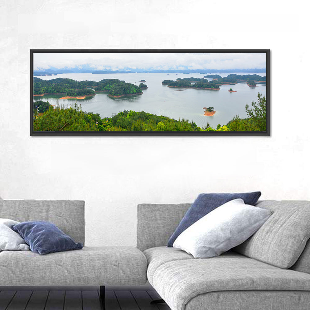 Qiandao Lake Islands View Wall Art in a room, panoramic