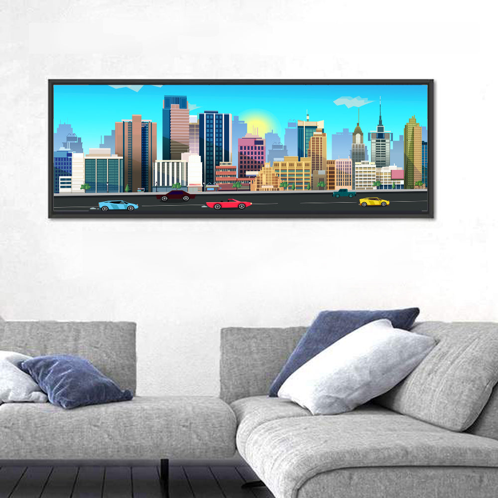 Geometric City Skyline with Sun Flare Wall Art in a room, panoramic