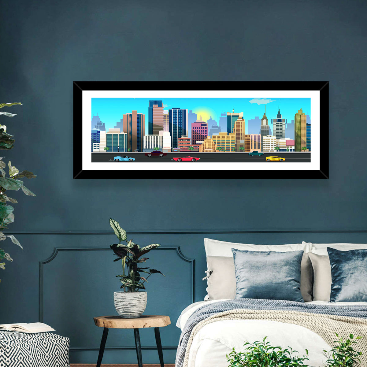 Geometric City Skyline with Sun Flare Wall Art in a room, panoramic