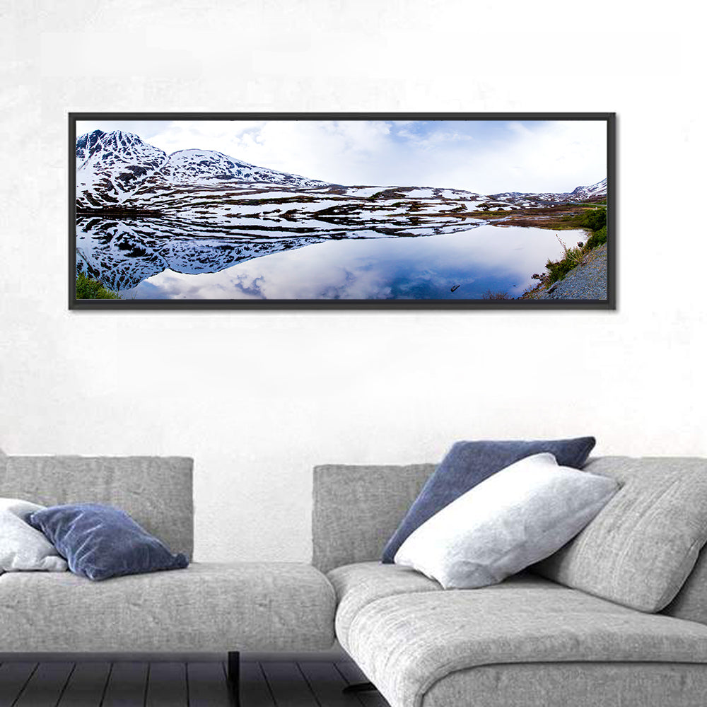 Alaskan Glacial Lake Wall Art in a room, panoramic