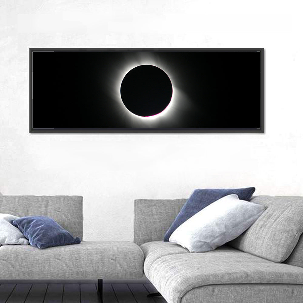 Centered Solar Eclipse Wall Art in a room, panoramic