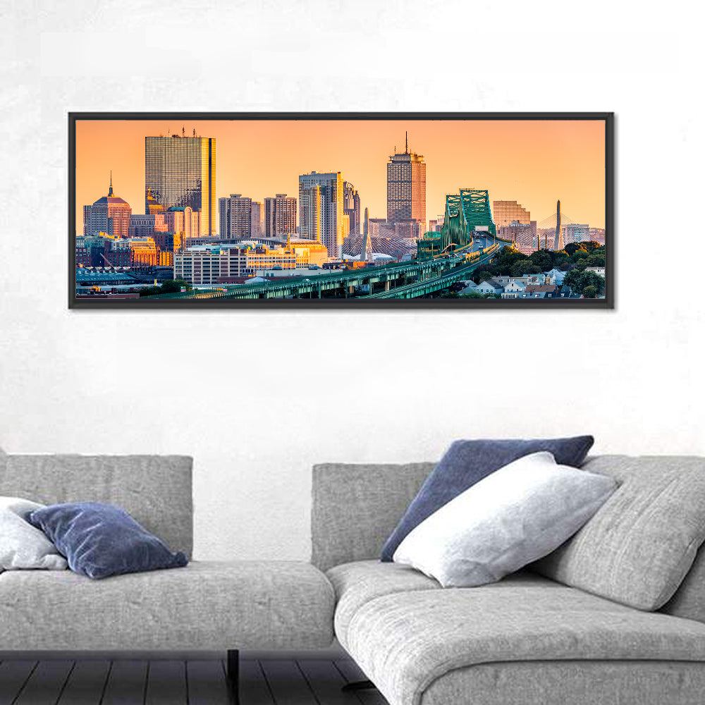 Tobin Bridge to Boston Skyline at Golden Hour Wall Art in a room, panoramic