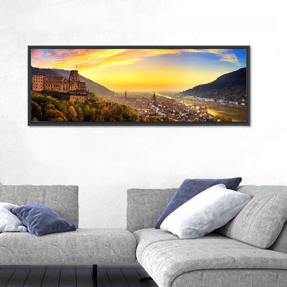 Heidelberg Castle at Dusk Wall Art in a room, panoramic