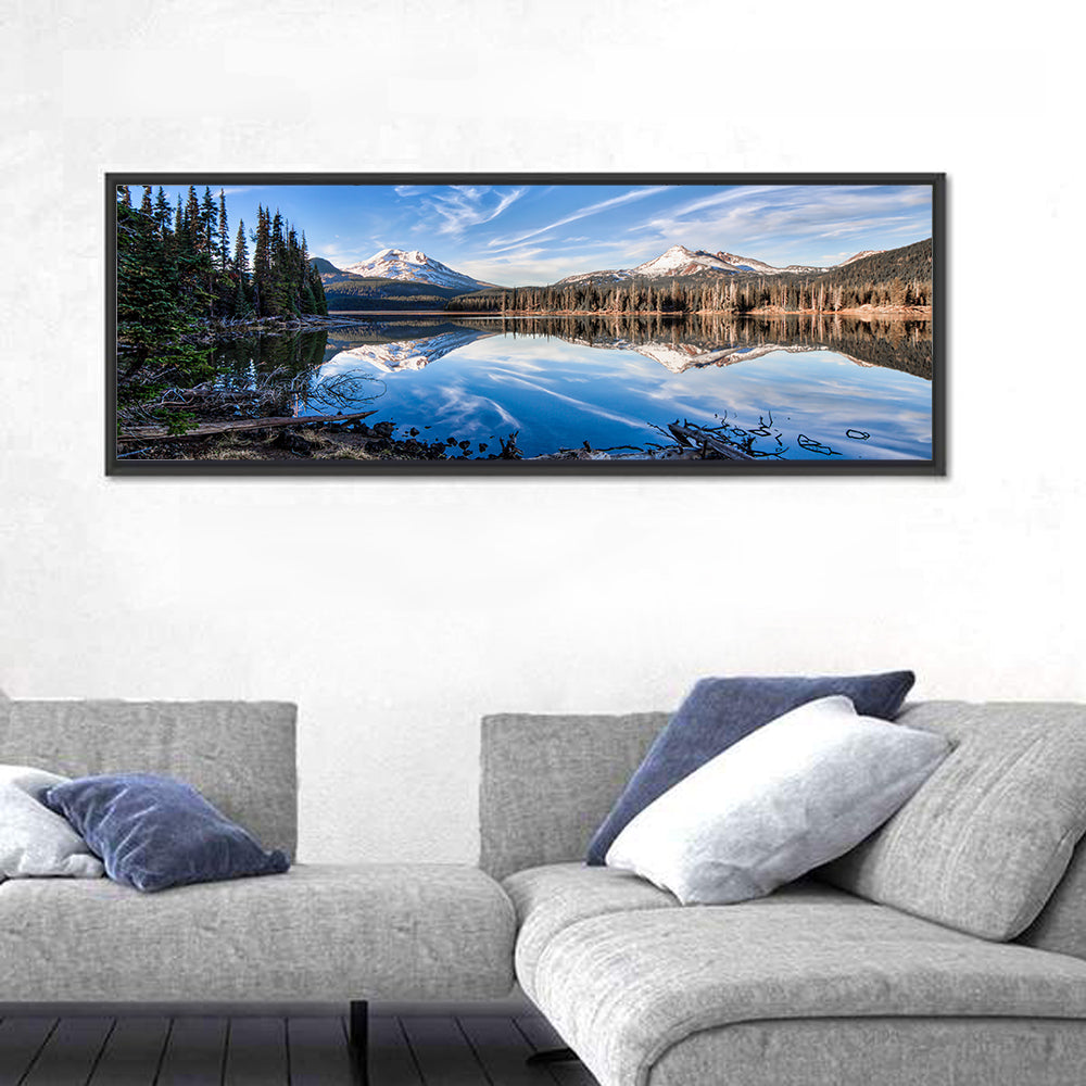 Sparks Lake Reflection Wall Art in a room, panoramic