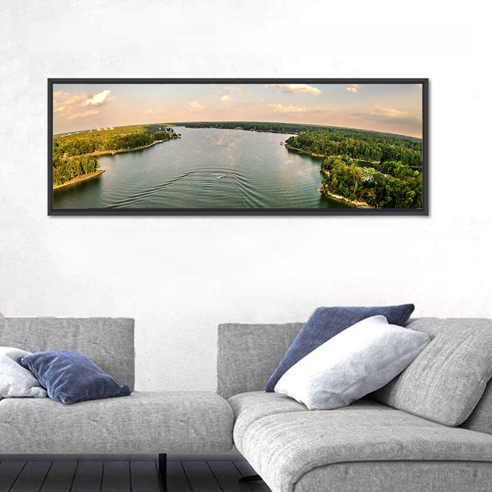 Lake Wylie Golden Hour Wall Art in a room, panoramic