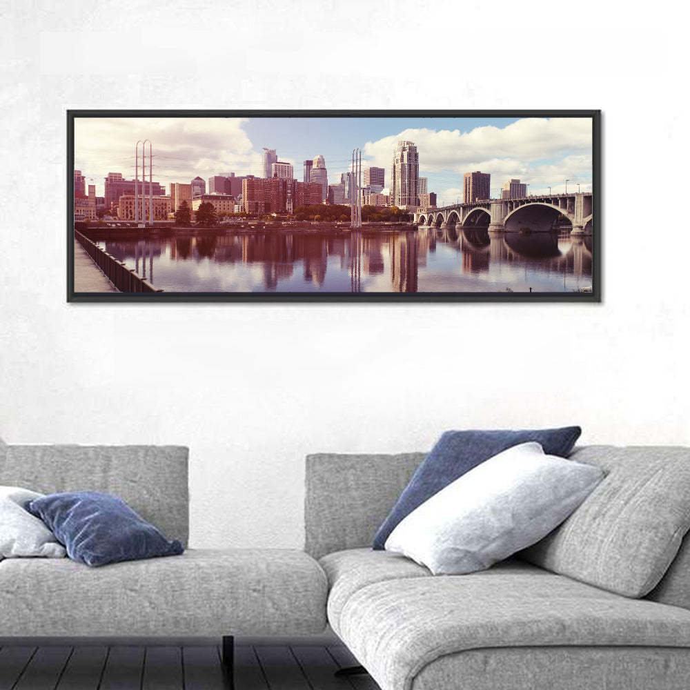Minneapolis Skyline at Third Avenue Bridge Wall Art in a room, panoramic