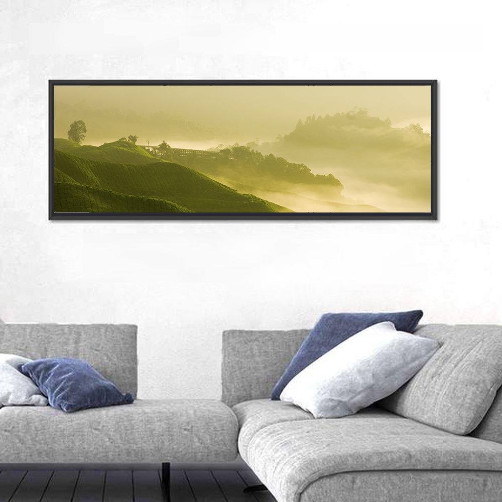 Tea Plantation Morning Mist Wall Art in a room, panoramic