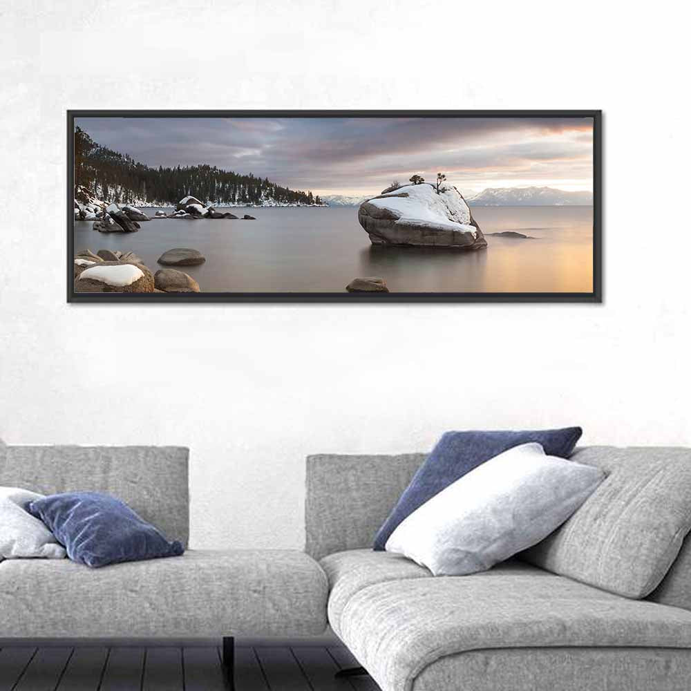 Bonsai Rock Winter Sunset Wall Art in a room, panoramic