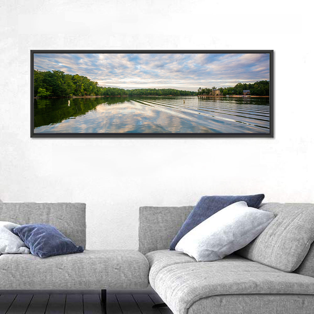 Cloudy Lake Norman Landscape Wall Art in a room, panoramic