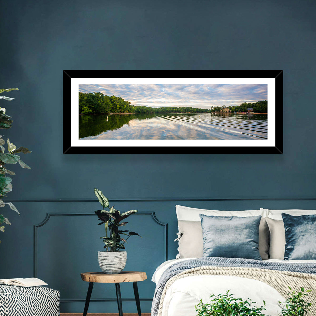 Cloudy Lake Norman Landscape Wall Art in a room, panoramic