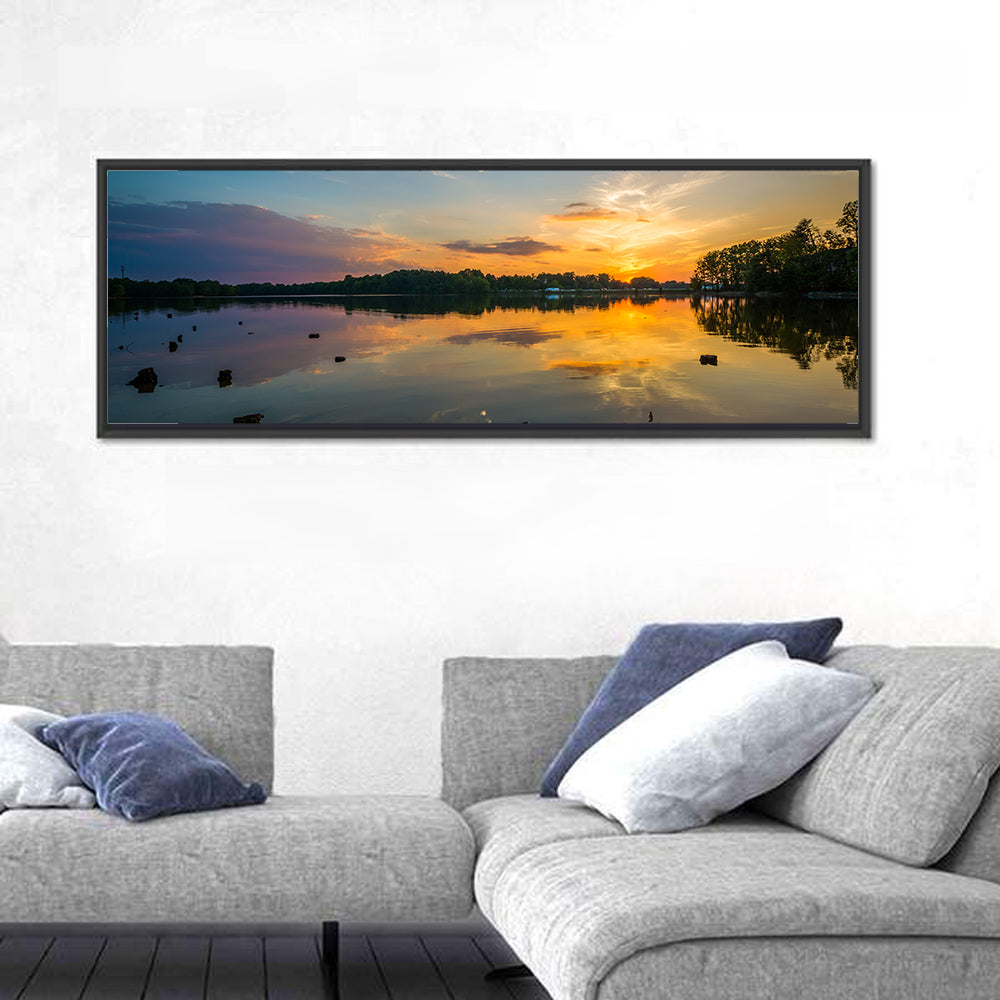 Lake Norman Sunset Reflection Wall Art in a room, panoramic