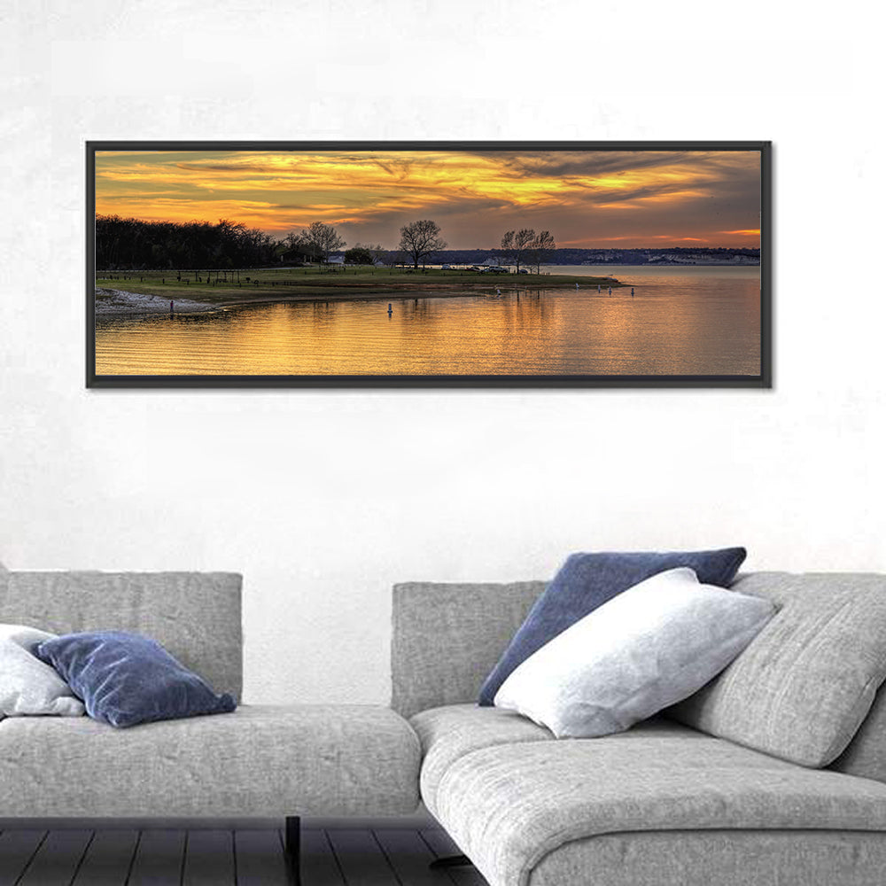 Lake Whitney Sunset Wall Art in a room, panoramic