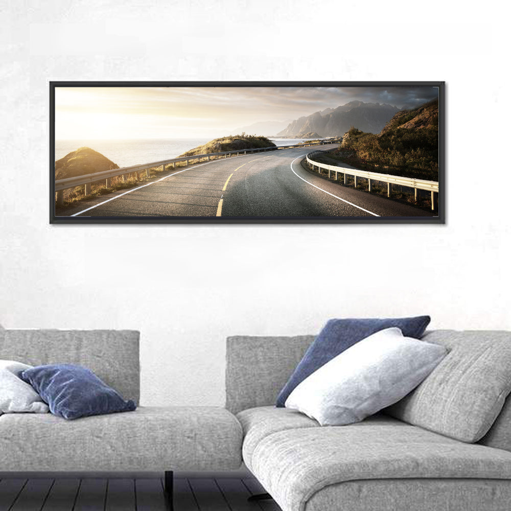 Golden Sunrise Coastal Road Wall Art in a room, panoramic