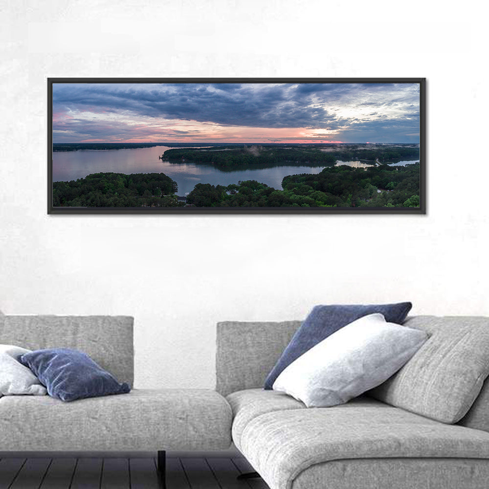 Lake Gaston Mist at Dusk Wall Art in a room, panoramic