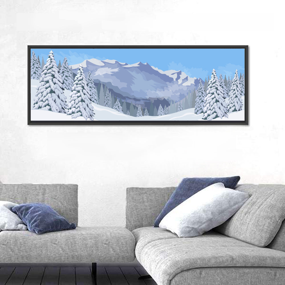 Blue Winter Mountain Illustration Wall Art in a room, panoramic