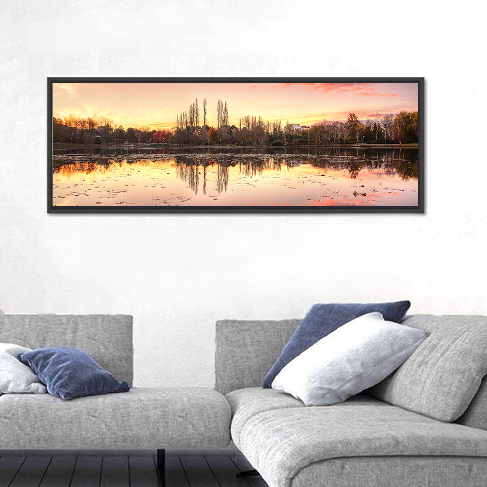 Lake Burley Griffin Sunset Reflection Wall Art in a room, panoramic