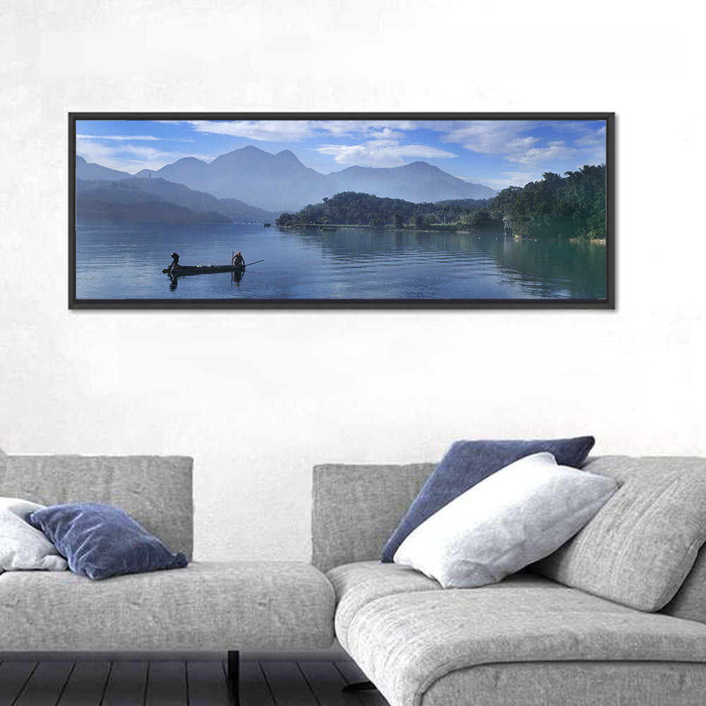Sun Moon Lake Morning Mist Wall Art in a room, panoramic