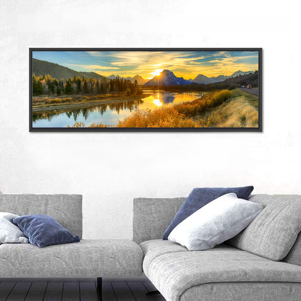 Oxbow Bend Sunrise Wall Art in a room, panoramic