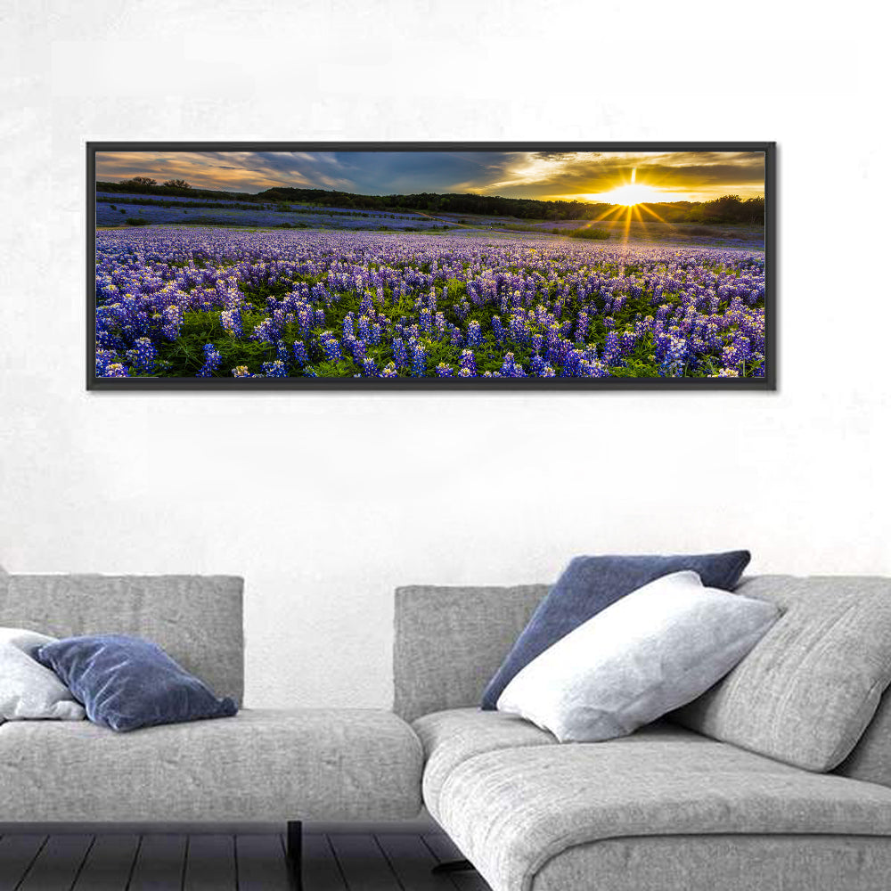 Texas Bluebonnet Field at Sunset Wall Art in a room, panoramic