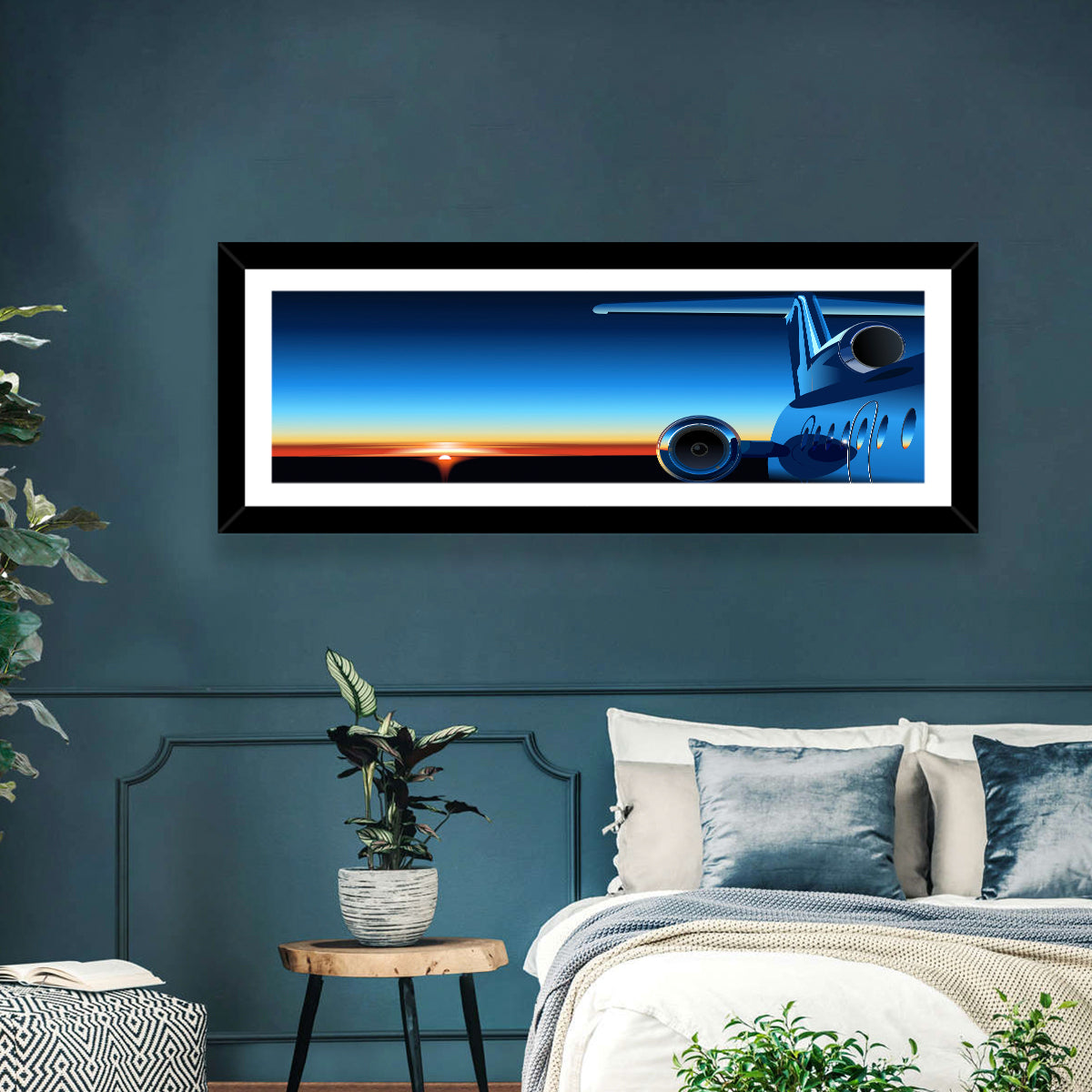Private Jet Sunrise Wall Art in a room, panoramic