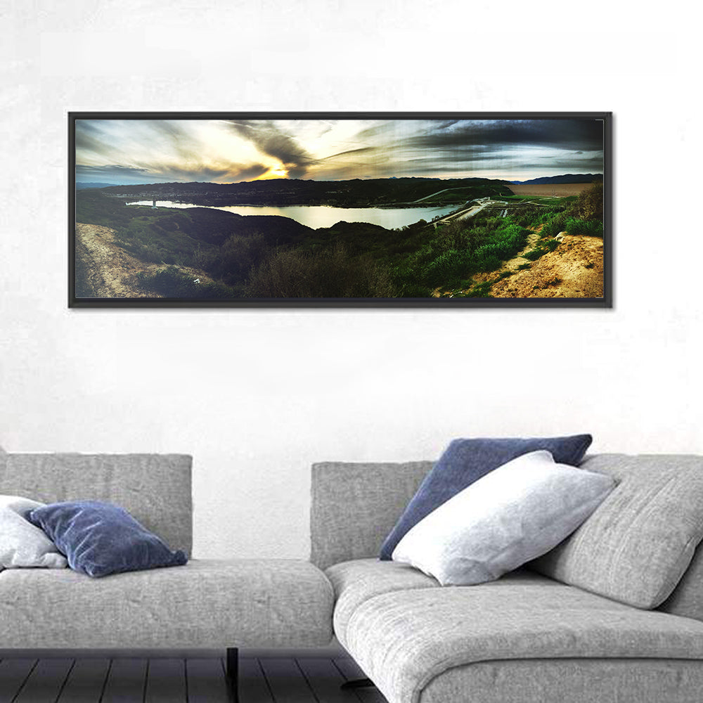 Castaic Lake Sunset Wall Art in a room, panoramic