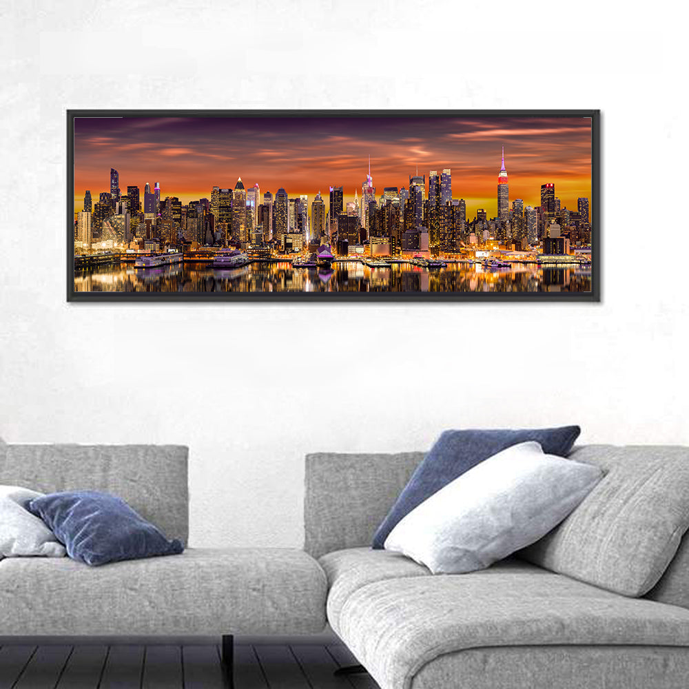 Midtown Manhattan Skyline Wall Art in a room, panoramic