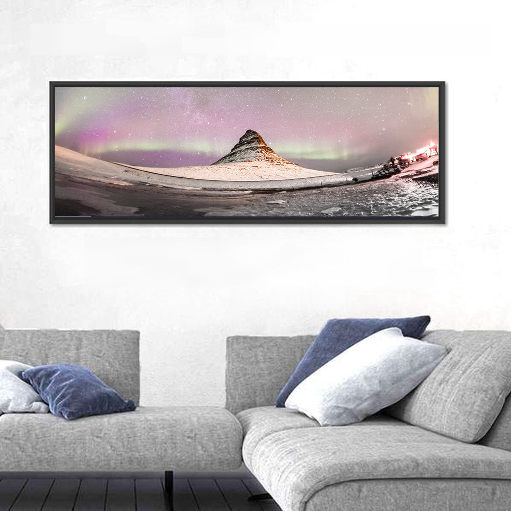 Aurora Over Kirkjufell Wall Art in a room, panoramic