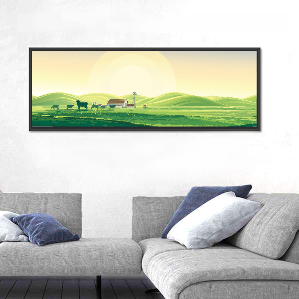 Pastoral Farm Landscape Illustration Wall Art in a room, panoramic