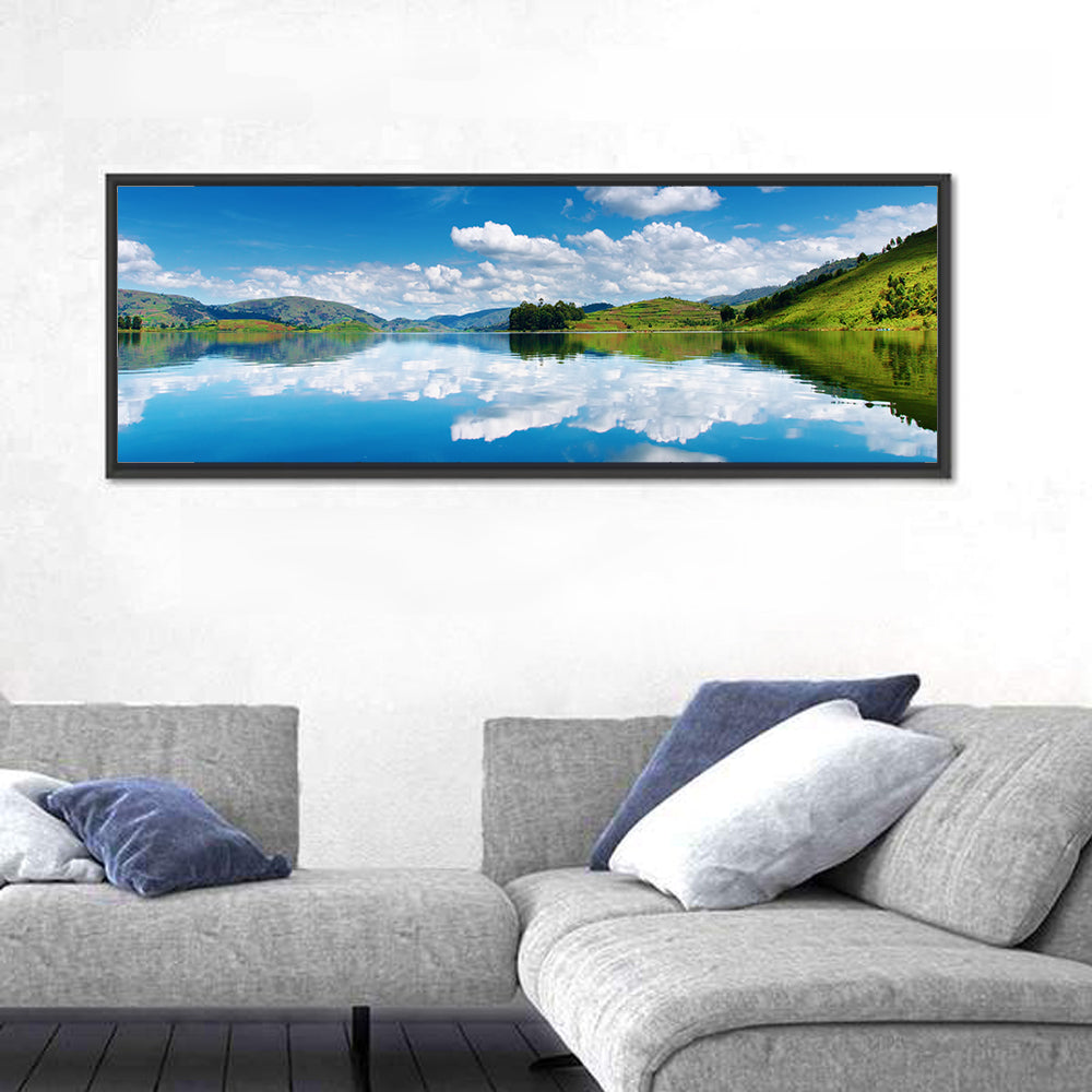 Bunyonyi Lake Reflection Wall Art in a room, panoramic
